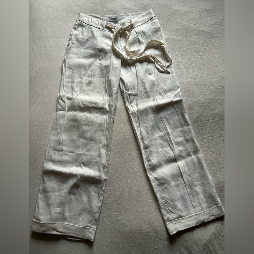 Bebe White Linen Blend Trousers with Fabric Tie Belt - Picture 3 of 15